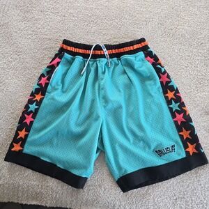 Ballislife Mesh Basketball Shorts Teal With Stars Down The Sides Men's Size M